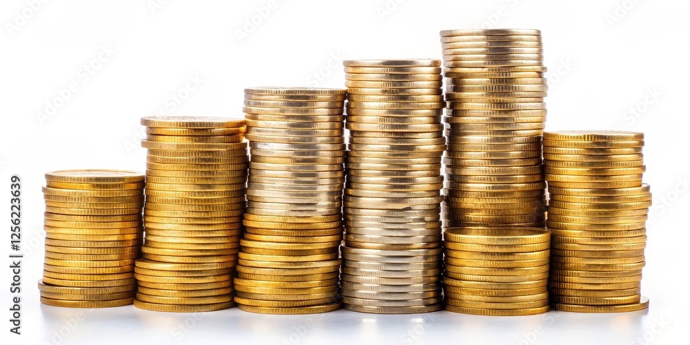 Gold and Silver Coins Stacks on White Background Gold and Silver Coins Stacks on White Background