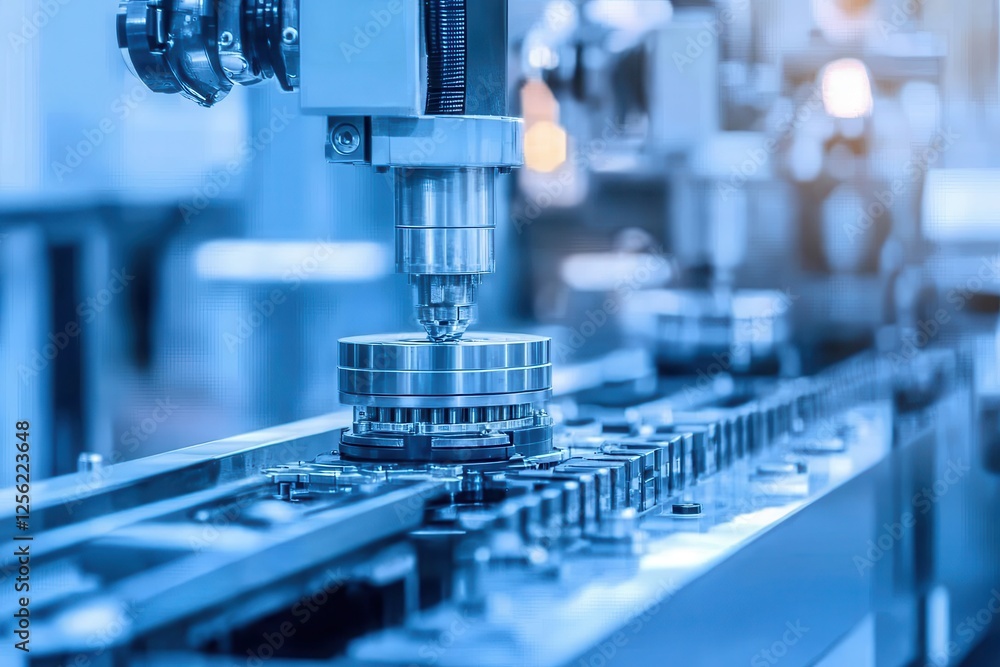 Futuristic factory interior with advanced robotic arms and conveyor systems sleek design and cool blue lighting emphasize automated efficiency . Futuristic factory interior with advanced robotic arms and conveyor systems sleek design and cool blue lighting emphasize automated efficiency .