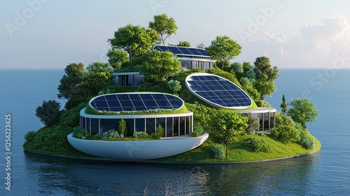 A futuristic island featuring eco-friendly homes with solar panels, surrounded by calm waters and lush greenery. photo