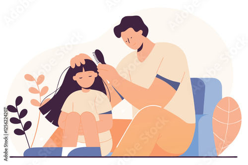 Father brushing his little daughter's hair. Family time. Vector illustration