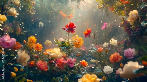 A Mystical Garden Infused with Rapture: Exotic Flowers and Magical Creatures in a Lush Wonderland