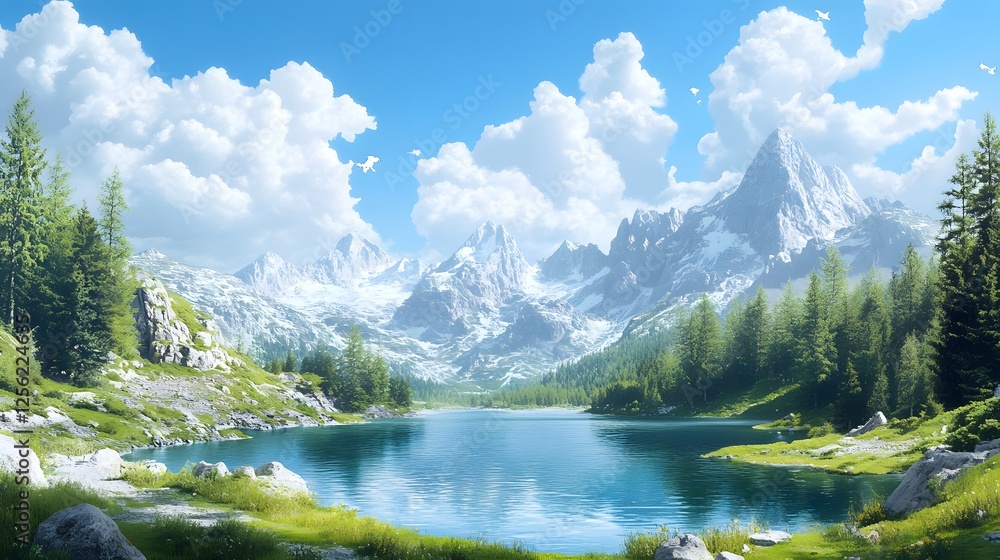 Fototapeta premium A Serene Landscape Depicting Equanimity with Tranquil Waters, Majestic Mountains, and a Meditative Atmosphere Inviting Inner Peace