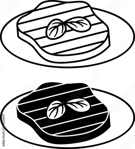Steak Icons. Black and White Vector Drawings. Thick Piece Of Fried Meat On Plate. Beefsteak, Ready Dish. Meal Concept
