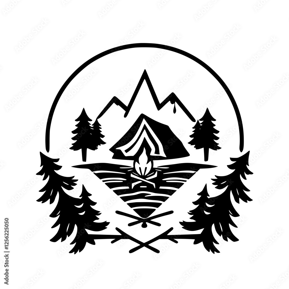 Obraz premium Black and white illustration of a campfire with a tent in front of mountains and trees