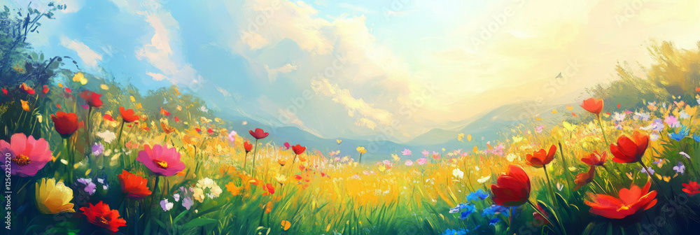 Fototapeta premium Dreamy meadow with colorful flowers swaying in the gentle breeze under a bright sky