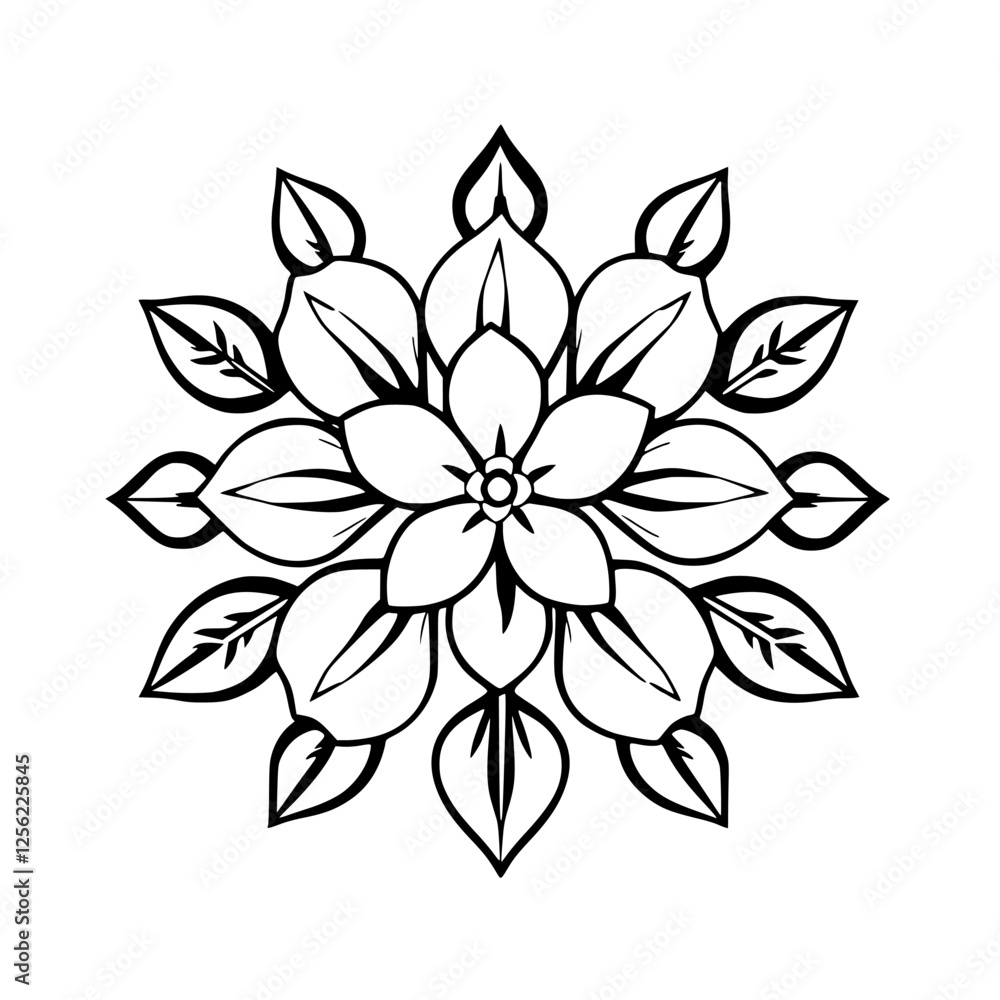 Fototapeta premium Black and White Botanical Mandala. Circular composition of flower and leaf.