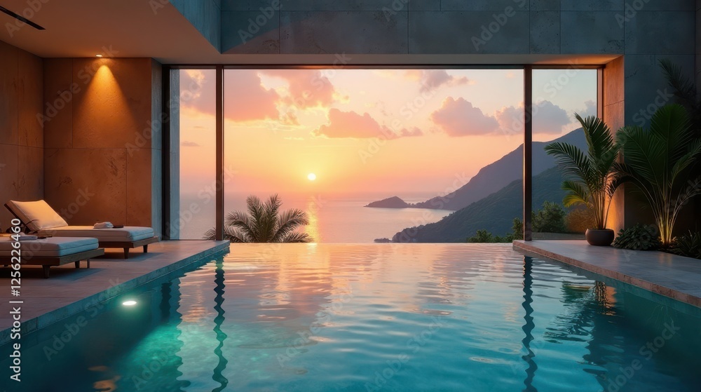 Fototapeta premium Sunset Serenity Infinity Pool and Luxurious Lounge Chairs Overlooking a Breathtaking Ocean Vista