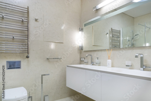 Wallpaper Mural Modern bathroom design decorated with light beige tiles. White furniture, illuminated mirror and stylish accessories. Torontodigital.ca