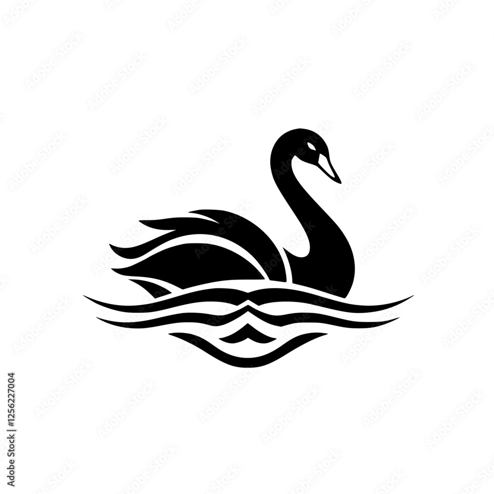 Elegant Black Swan on Water, a minimalist illustration. A graceful swan with sleek, black form, is swimming. The swan's reflection is mirrored in the water. Elegant Black Swan on Water, a minimalist illustration. A graceful swan with sleek, black form, is swimming. The swan's reflection is mirrored in the water.