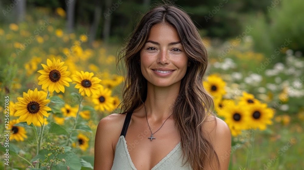 A smiling woman with long hair stands among vibrant sunflowers in a lush green field, radiating joy A smiling woman with long hair stands among vibrant sunflowers in a lush green field, radiating joy