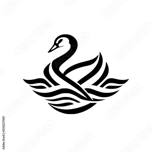 Photos Stylized black and white swan logo, minimalist design floating on water