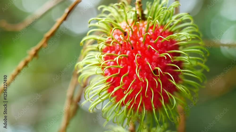 Rambutan on the Branch: A vibrant red rambutan fruit with its distinctive spiky green rind hangs from a branch, showcasing its unique texture and tropical appeal. Rambutan on the Branch: A vibrant red rambutan fruit with its distinctive spiky green rind hangs from a branch, showcasing its unique texture and tropical appeal.