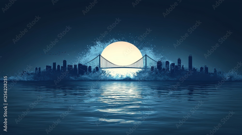 Obraz premium A serene night scene featuring a bridge silhouetted against a large moon.