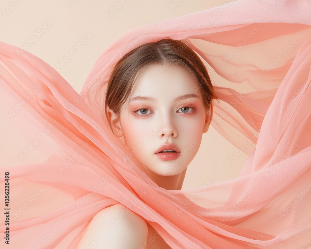 A dreamy composition of a woman in pink, her pose and expression reflecting grace and sophistication against a light-hued backdrop A dreamy composition of a woman in pink, her pose and expression reflecting grace and sophistication against a light-hued backdrop