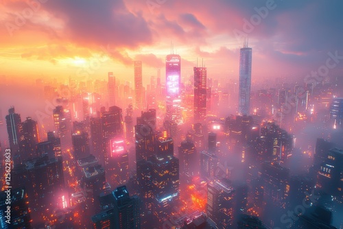 Wallpaper Mural Futuristic cityscape glowing under neon lights urban setting high fidelity visuals aerial view cyberpunk concept Torontodigital.ca