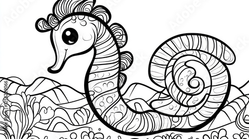 Cute seahorse coloring page with underwater background photo