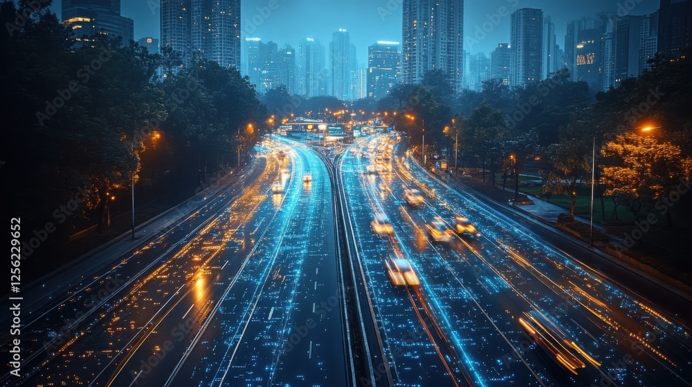 Obraz premium Night City Highway Traffic Flow with Digital Data Stream Overlay