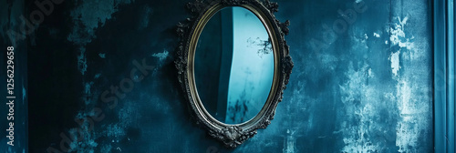 Distorted reflections in a haunted mirror create an eerie atmosphere in a dark room photo