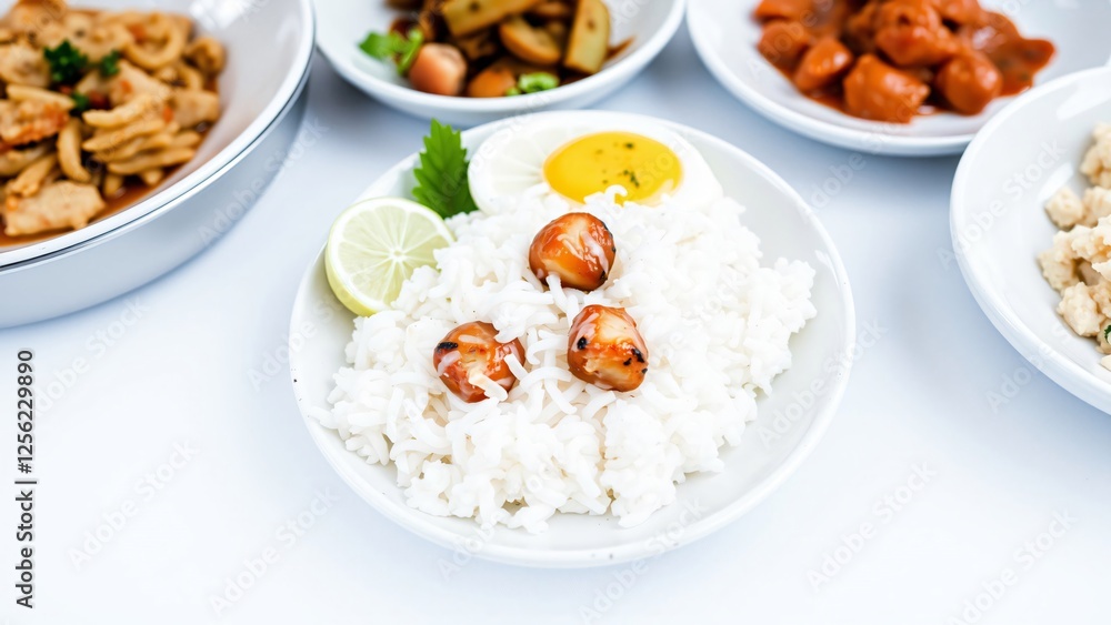 Delicious and Healthy Asian-Inspired Meal with Rice, Egg, and Grilled Scallops Delicious and Healthy Asian-Inspired Meal with Rice, Egg, and Grilled Scallops