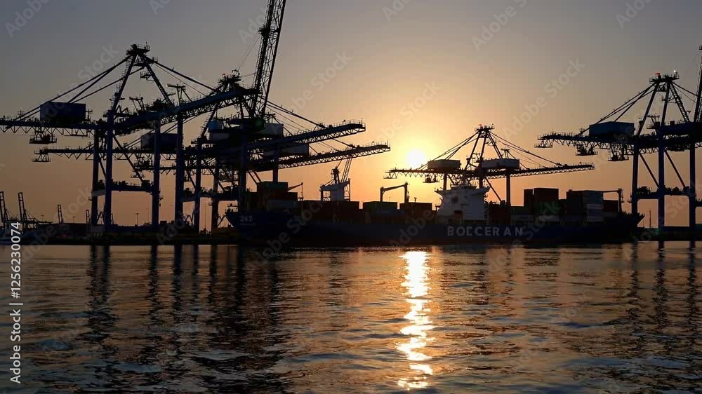 Sunset Over Shipping Port with Cranes and Cargo Ships in Motion Sunset Over Shipping Port with Cranes and Cargo Ships in Motion
