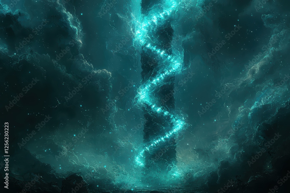 Obraz premium Futuristic dna double helix illuminating the cosmos digital artwork ethereal environment abstract viewpoint science concept