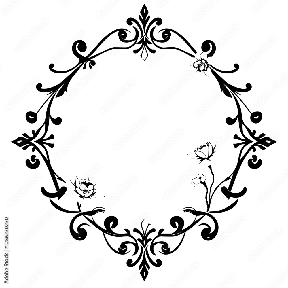Decorative Floral Wreath, ornate design with flowers, black ink, white background, vintage, floral elements. Decorative Floral Wreath, ornate design with flowers, black ink, white background, vintage, floral elements.