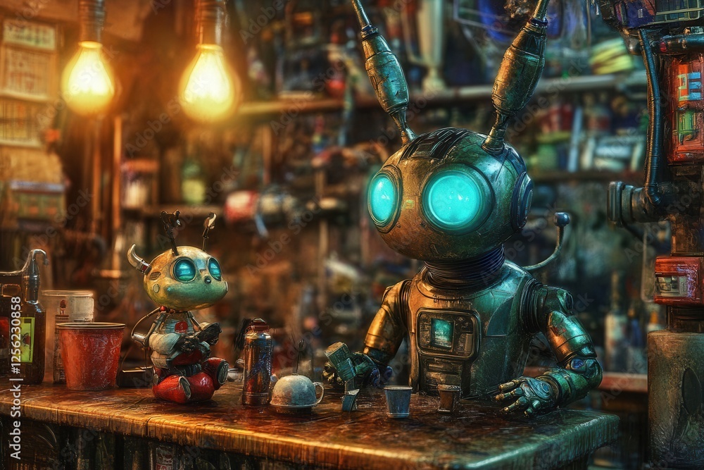 Funny robots banner . In a dark room, a robot with luminous eyes gazes forward, enhancing the mysterious ambiance of its surroundings. Funny robots banner . In a dark room, a robot with luminous eyes gazes forward, enhancing the mysterious ambiance of its surroundings.