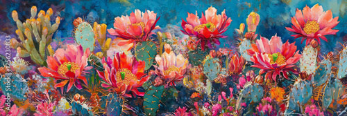 Ruby-red flowering cacti bloom vibrantly among spiky textures in a colorful desert landscape