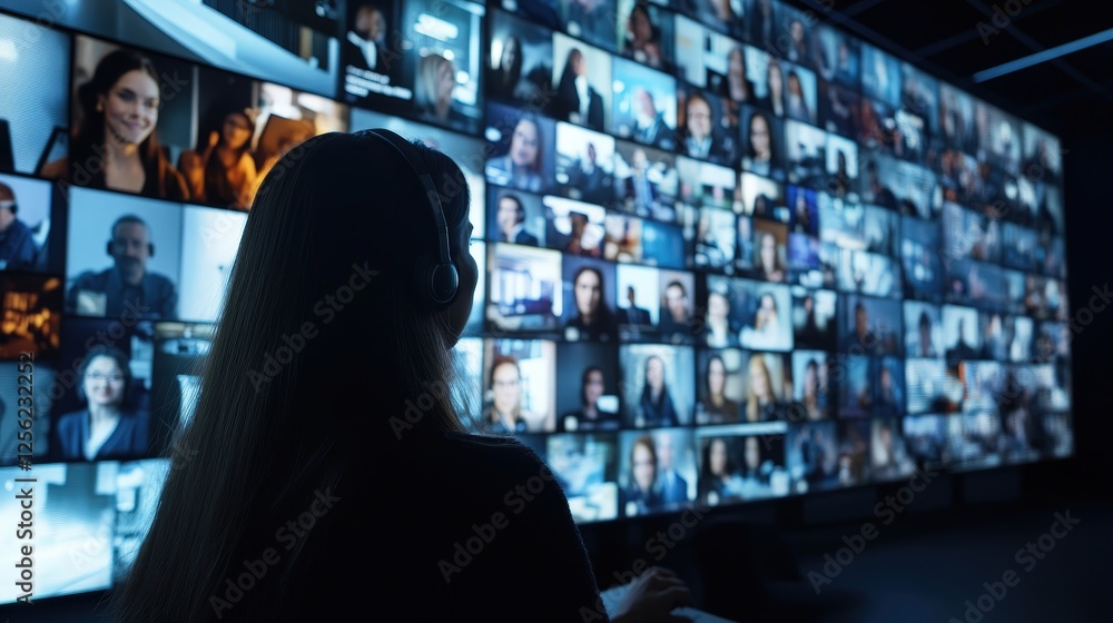 A person is seated in front of a large array of screens displaying numerous video feeds, likely participating in a virtual conference or monitoring multiple live streams. The setup suggests a high-tec A person is seated in front of a large array of screens displaying numerous video feeds, likely participating in a virtual conference or monitoring multiple live streams. The setup suggests a high-tec