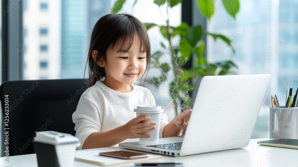 Young Asian Female Office Worker in Modern Workspace with Laptop Young Asian Female Office Worker in Modern Workspace with Laptop