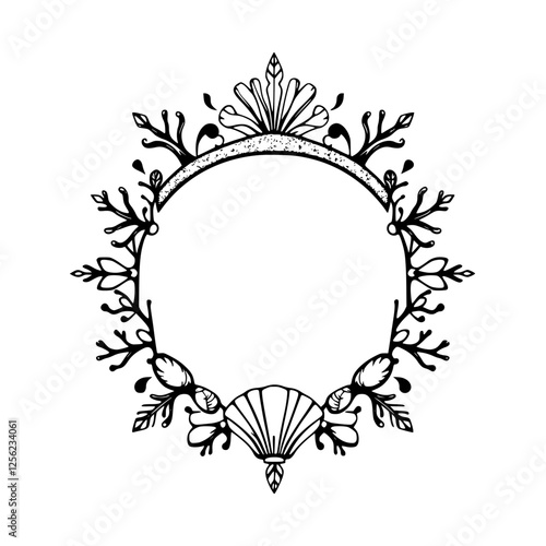 Ornate, intricate, and elegant circular frame with a seashell and floral design.