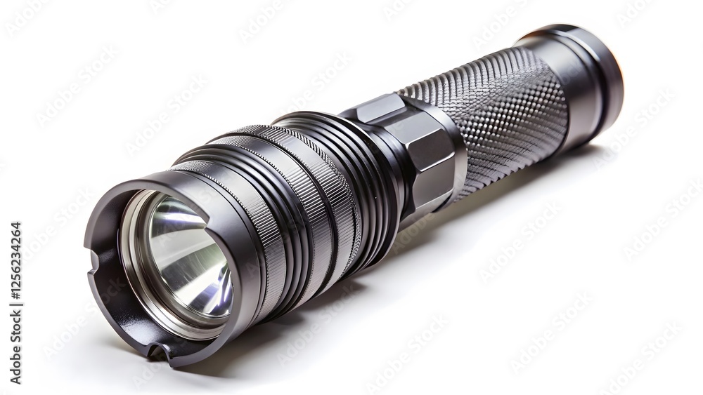 Gray Metal Flashlight on White Background Gray Metal Flashlight on White Background