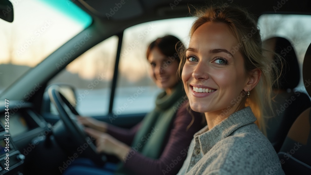 Smiling Woman Looking at Camera in Car With Friend Driving During Sunset, Showcasing a Joyful Moment; Concept of Road Trip, Travel Agency, Automotive Services Smiling Woman Looking at Camera in Car With Friend Driving During Sunset, Showcasing a Joyful Moment; Concept of Road Trip, Travel Agency, Automotive Services