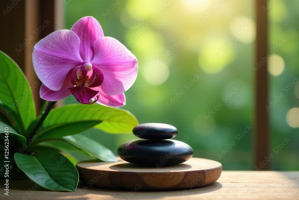 Serene Spa Scene Orchid and Stacked Stones on Wooden Tray near Window with Natural Sunlight Serene Spa Scene Orchid and Stacked Stones on Wooden Tray near Window with Natural Sunlight