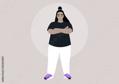 In a serene setting, a plus size model confidently poses with arms crossed, embodying self-assurance while dressed in casual yet stylish clothing that emphasizes comfort