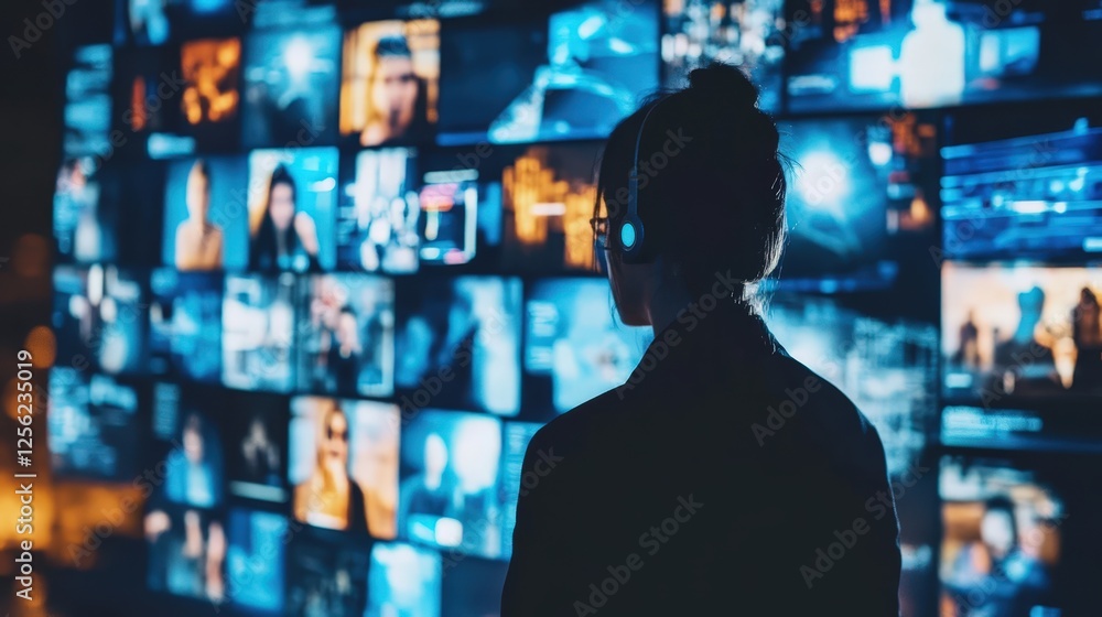 A person is seated in front of a large array of screens displaying numerous video feeds, likely participating in a virtual conference or monitoring multiple live streams. The setup suggests a high-tec A person is seated in front of a large array of screens displaying numerous video feeds, likely participating in a virtual conference or monitoring multiple live streams. The setup suggests a high-tec
