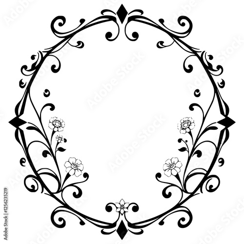 Ornate frame in black and white, floral pattern, and ornamental design.