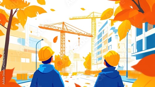 Construction workers autumn city background photo