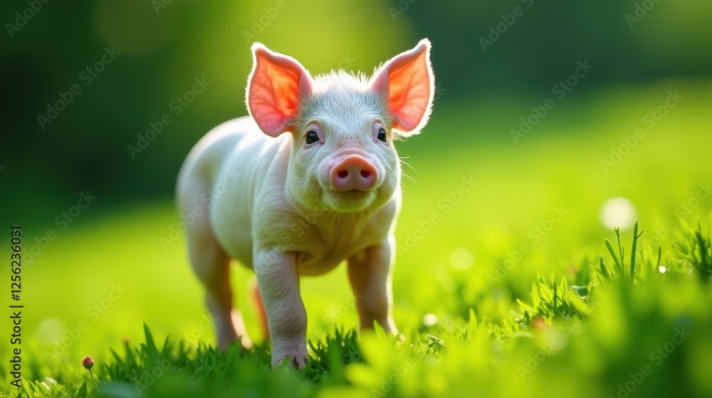 A playful young piglet stands in vibrant green grass, bathed in sunlight, showcasing its adorable features and innocence in a pastoral scene. A playful young piglet stands in vibrant green grass, bathed in sunlight, showcasing its adorable features and innocence in a pastoral scene.