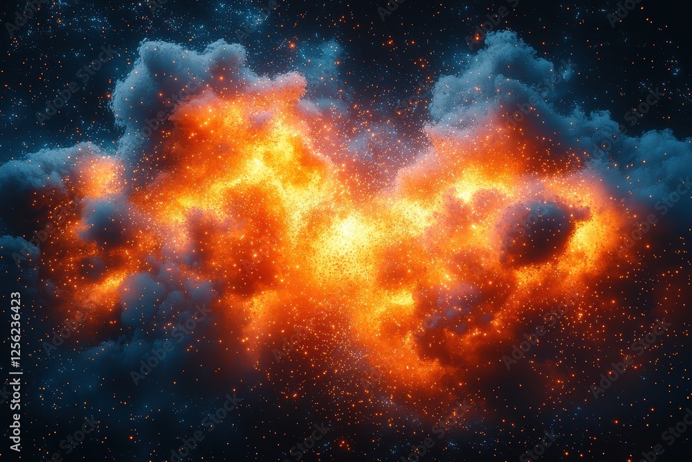 Naklejka premium Dynamic explosion of glowing particles cosmic space abstract art dark environment high fidelity visualization