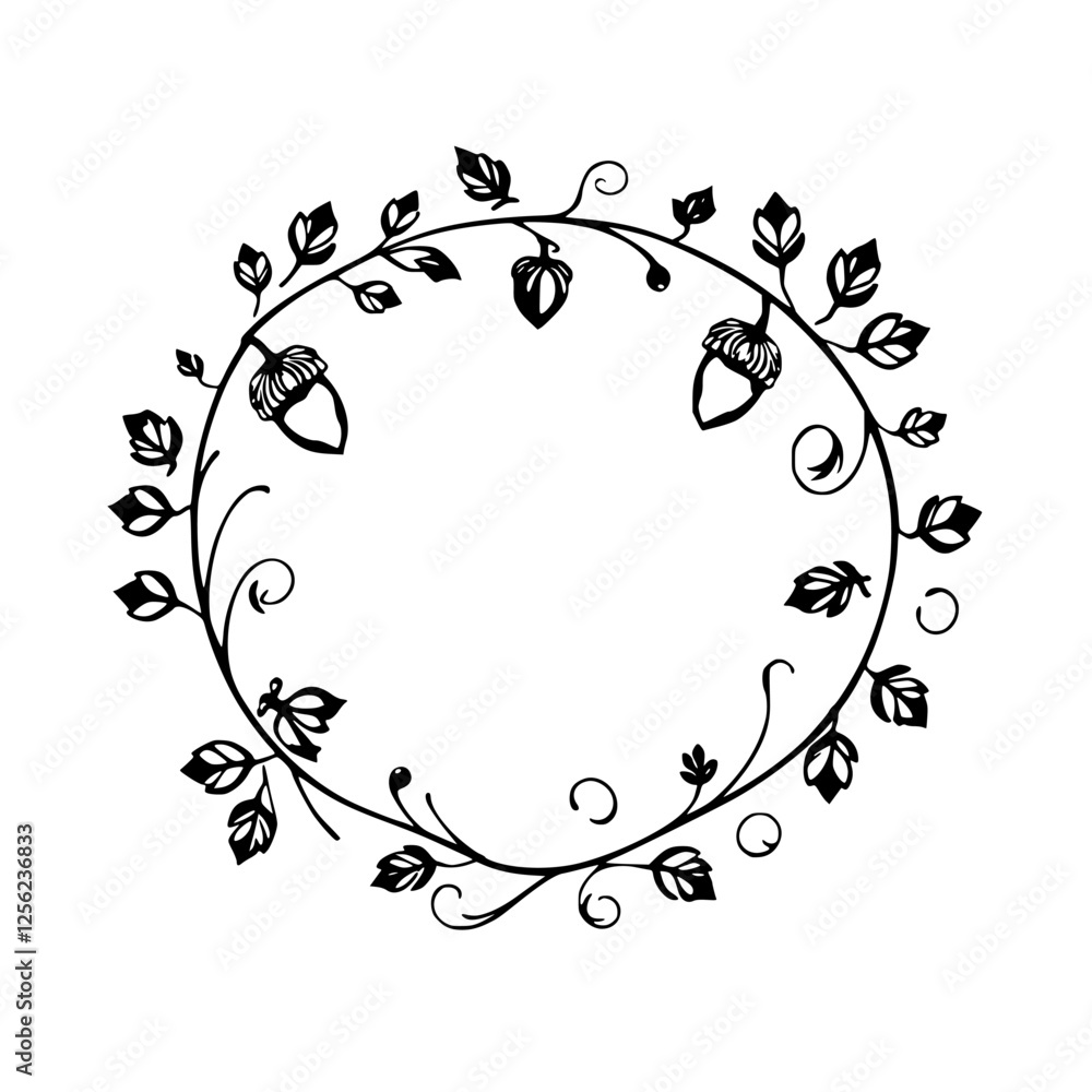 Circular wreath of delicate leaves, with acorns and other plant details, in a minimalist style.