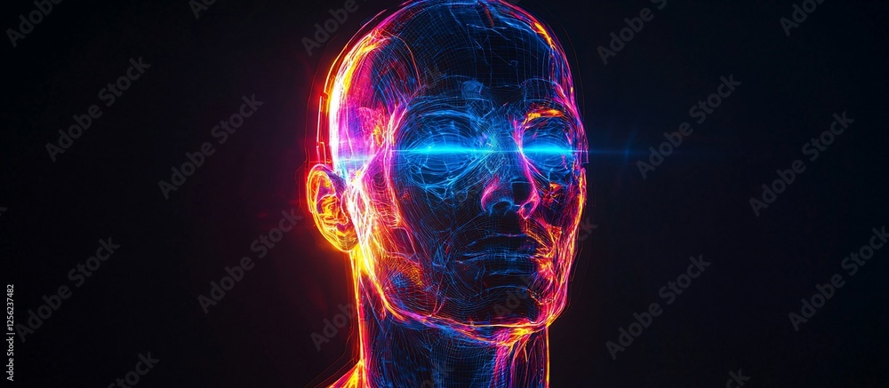 Futuristic digital human head with glowing features, set against a dark abstract background Futuristic digital human head with glowing features, set against a dark abstract background