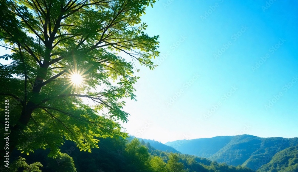 Fototapeta premium Natural background featuring lush green forests, soft sunlight filtering through the trees, and a clear blue sky. A peaceful and refreshing atmosphere with vibrant foliage, gentle hills.