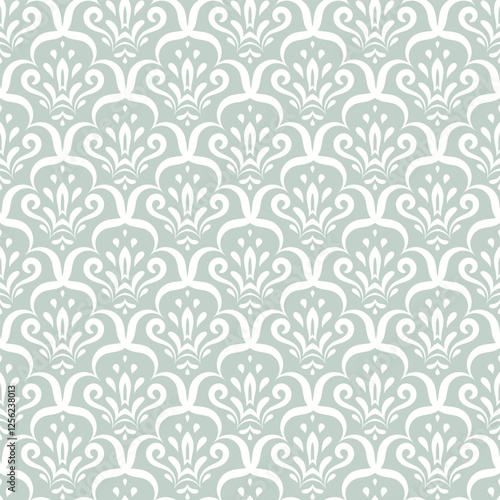 seamless pattern with damask design. Background with stylized floral and scroll elements in elegant manner for textile, wallpaper, wrapping, linen. Classic refined backdrop in oriental style.