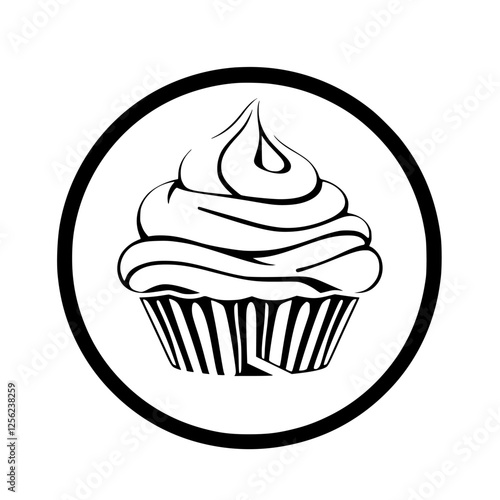 A black and white circular outline of a cupcake with white background.