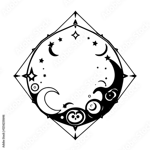 Wallpaper Mural Crescent Moon and Owl in a Diamond-Framed Night Sky with Stars, Black and White. Torontodigital.ca