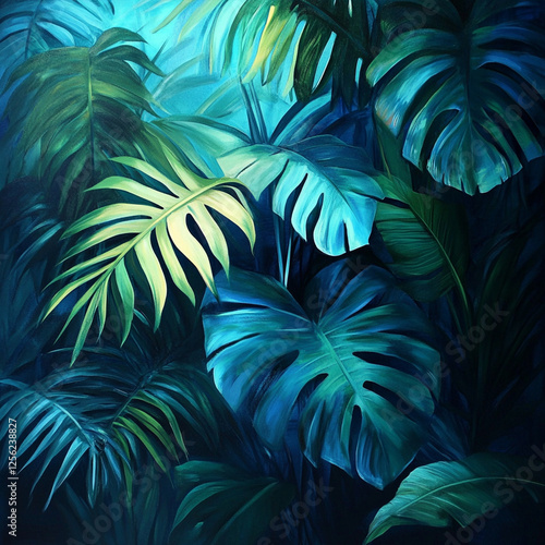 Tropical Leaves Illuminated with Blue and Green