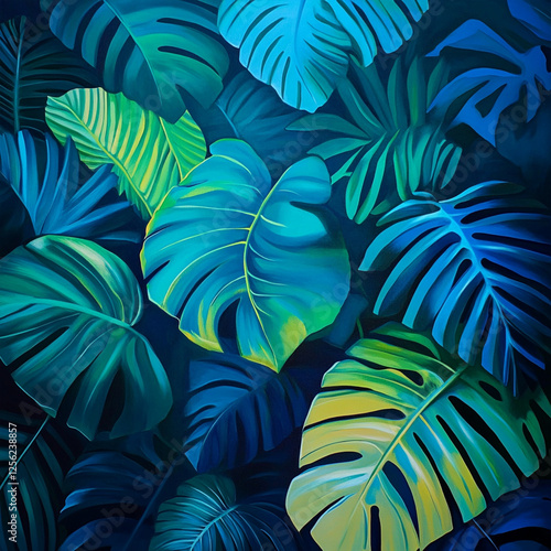 Tropical Leaves Illuminated with Blue and Green