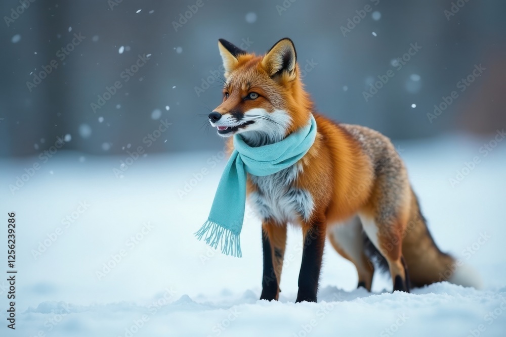 Fototapeta premium A Red Fox in Winter Wonderland, Adorned with a Light Blue Scarf, Posing Gracefully in the Snow