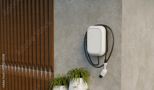 Modern electric vehicle charging station on a concrete sustainability eco-friendly future of home EV charging.